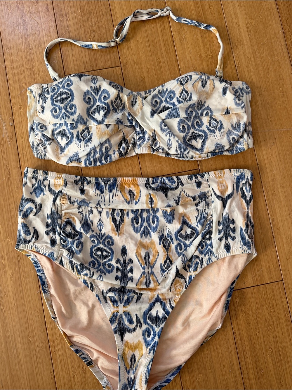 Garnet Hill Cream, Blue & Gold High-Waist Bikini